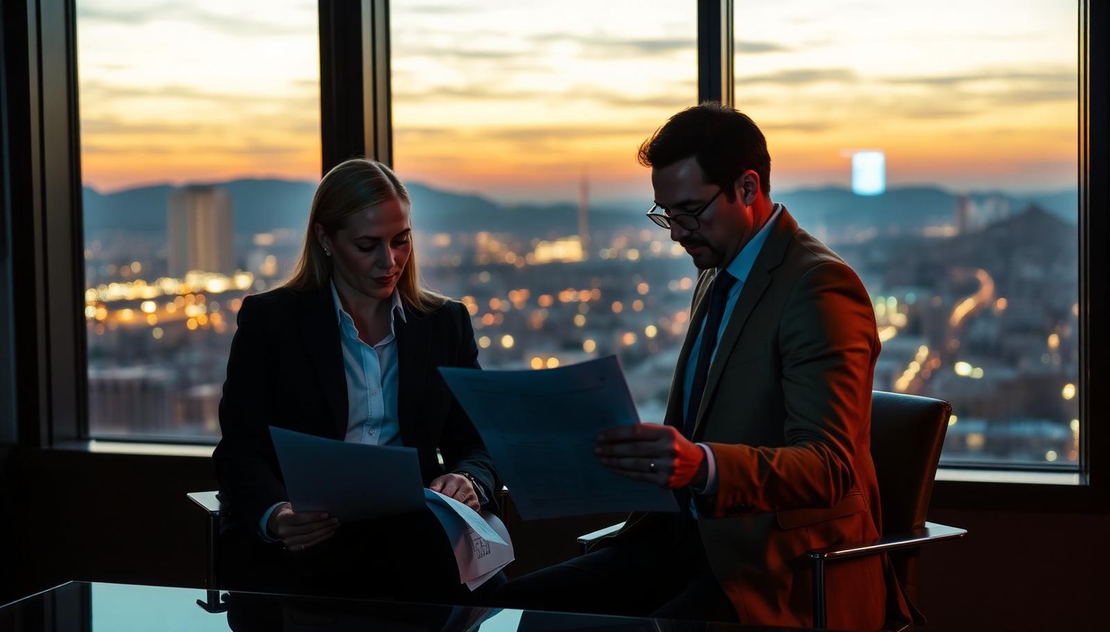Two advisors reviewing Nevada cannabis financial documents in a dark advisory office overlooking a desert city