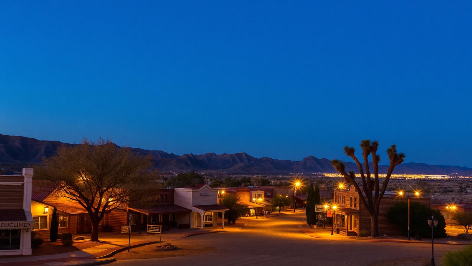 Historic Boulder City, Nevada streetscape at blue hour with desert hills beyond