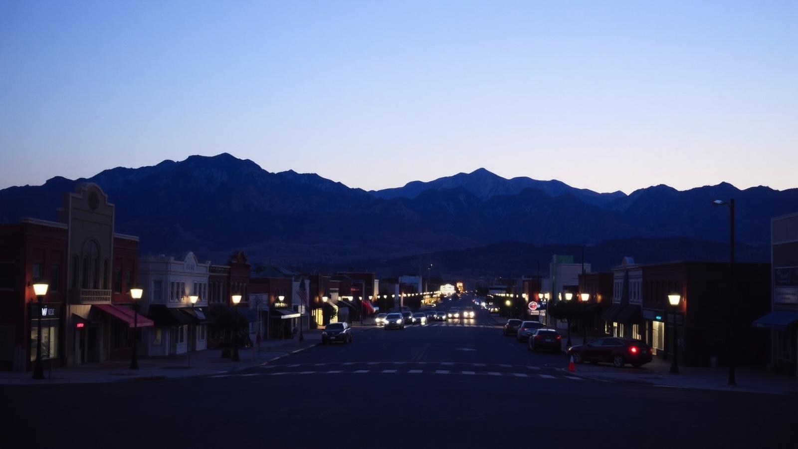 Carson City, Nevada downtown streetscape at dusk with the Sierra foothills behind