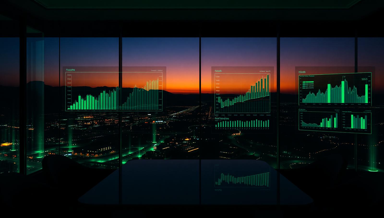 Fractional CFO strategy session reviewing Nevada cannabis financial projections in a boardroom at dusk