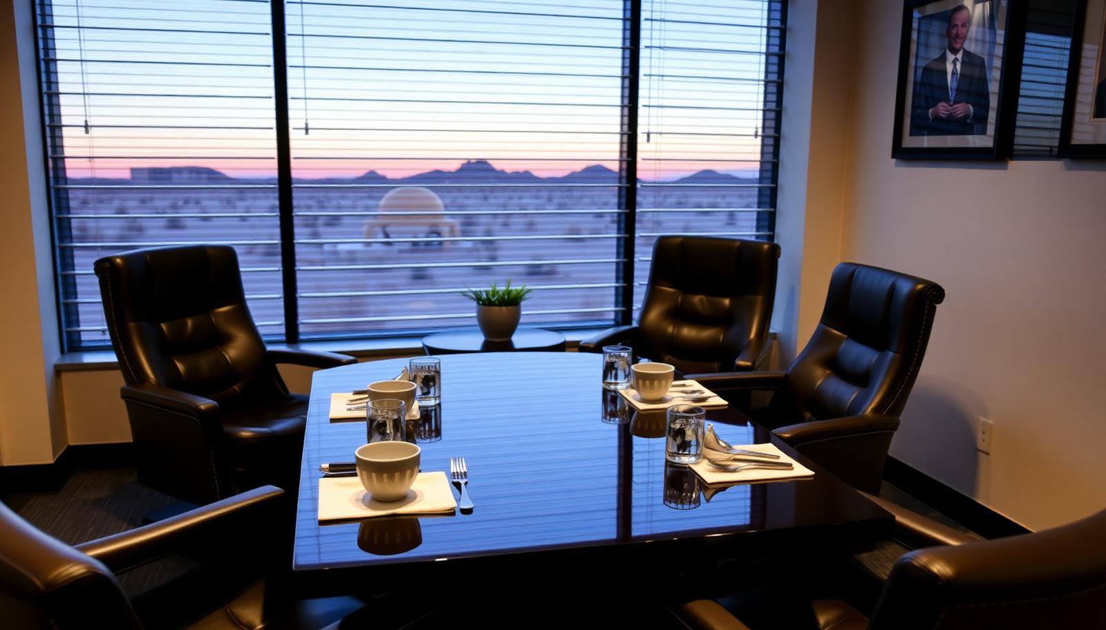 Private consultation office set for a Nevada cannabis accounting meeting with a desert view at dusk
