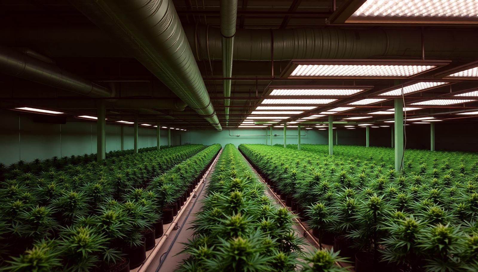 Licensed Nevada cannabis cultivation facility with rows of plants under commercial grow lighting
