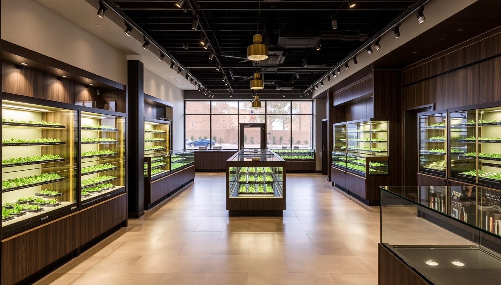 Modern licensed Nevada cannabis dispensary interior with dark wood and backlit display casework