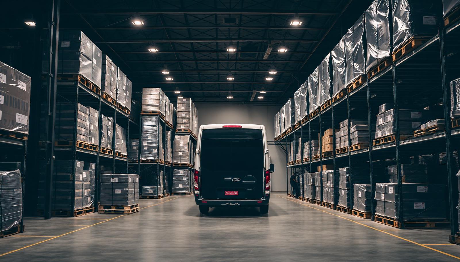 Nevada cannabis distribution warehouse with palletized inventory, secure racking and a delivery vehicle bay