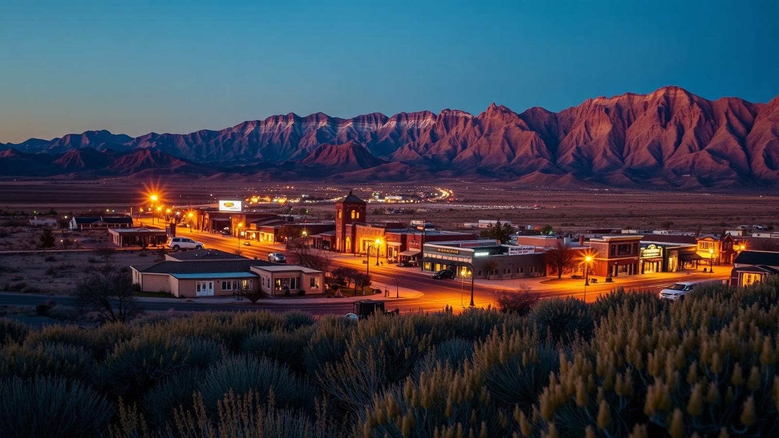 Elko, Nevada at dusk with the Ruby Mountains rising behind the high desert town