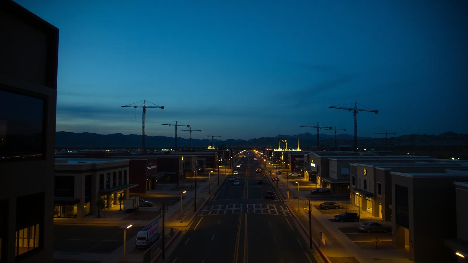 Newly built Southern Nevada commercial development at dusk with construction cranes on the horizon
