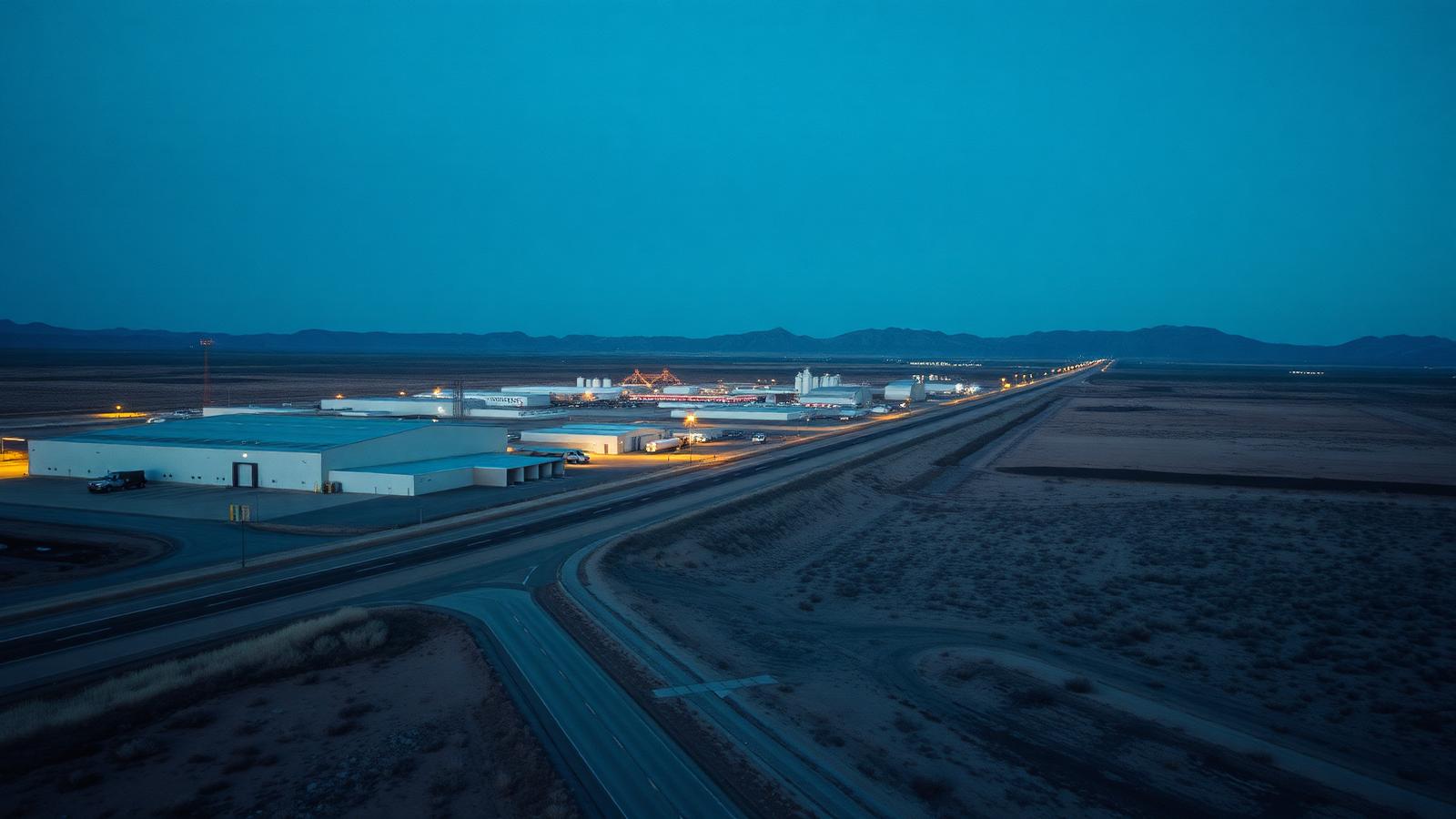 Industrial and distribution buildings along the highway corridor near Fernley, Nevada at dusk
