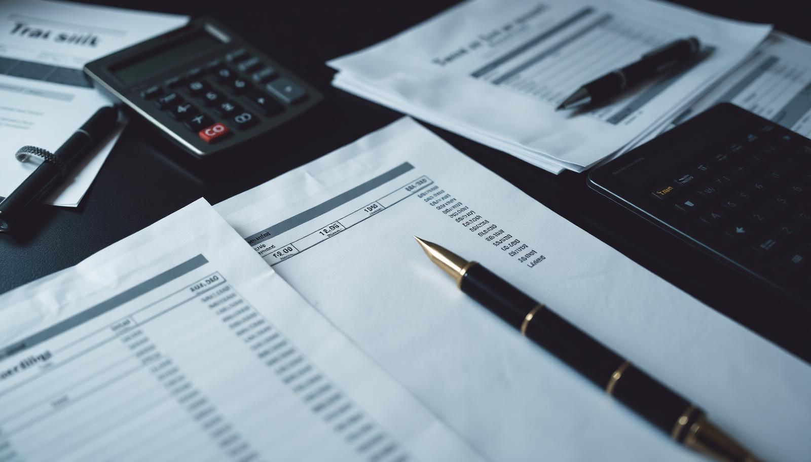 Printed cannabis financial statements, tax schedules and a calculator on an executive desk