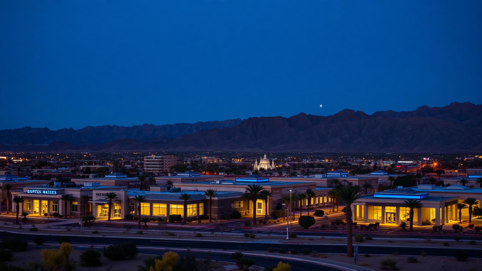 Henderson, Nevada business district at blue hour with desert ridgelines behind