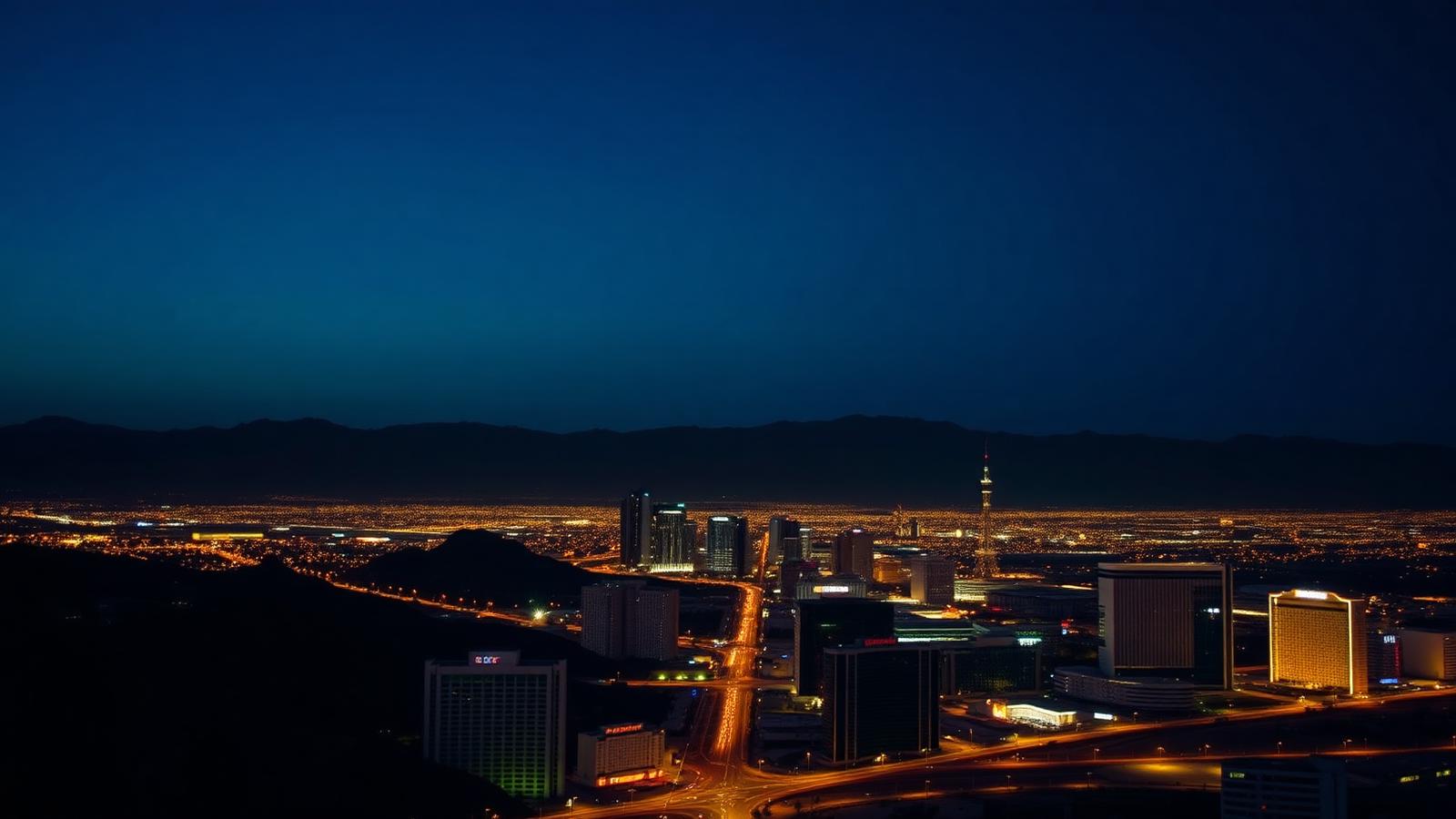 Las Vegas valley skyline at dusk with office towers and desert mountains beyond