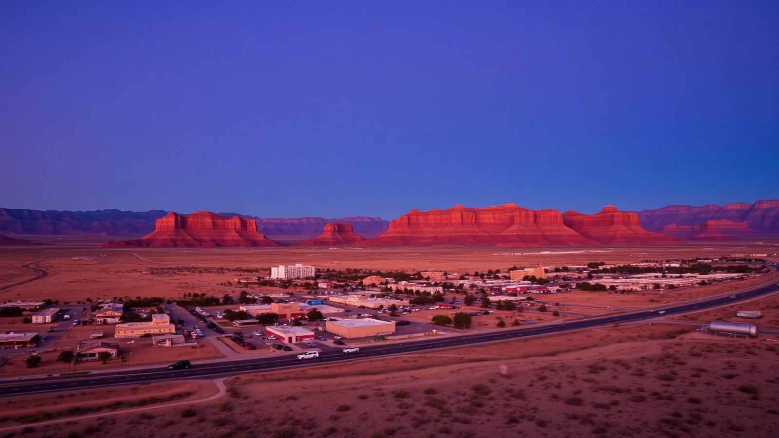 Mesquite, Nevada seen across the desert valley at sunset with red rock mesas behind