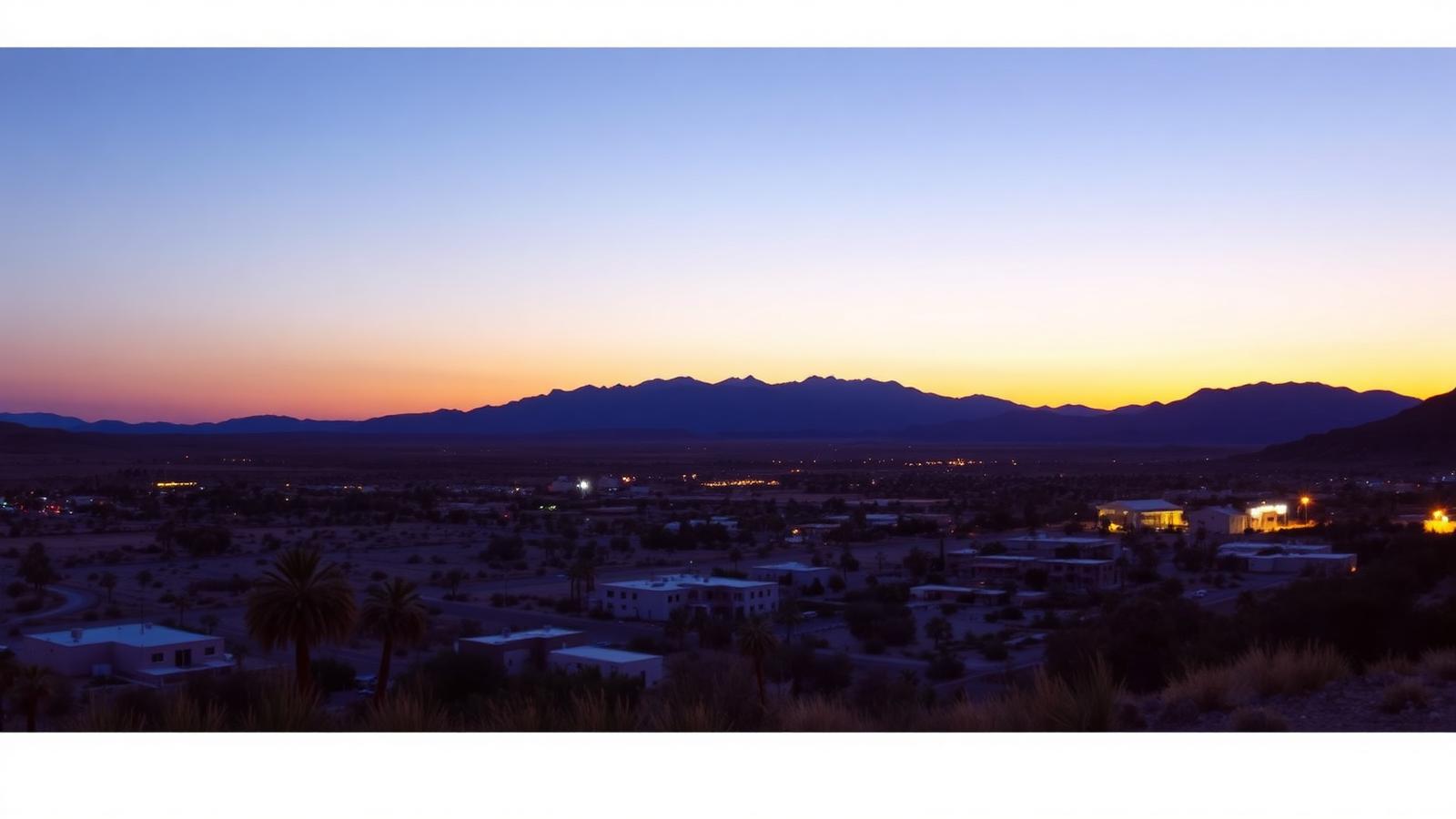 Pahrump valley in Southern Nevada at sunset with desert homes and distant mountains