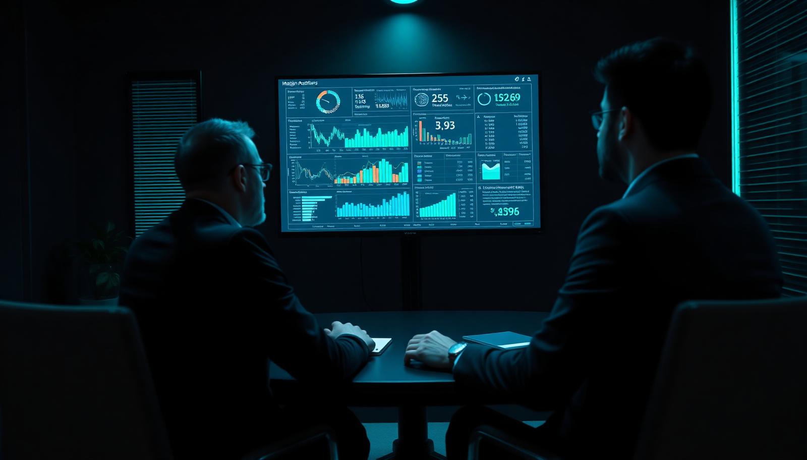 Nevada cannabis accountants reviewing margin analytics and financial reports in a dark executive office