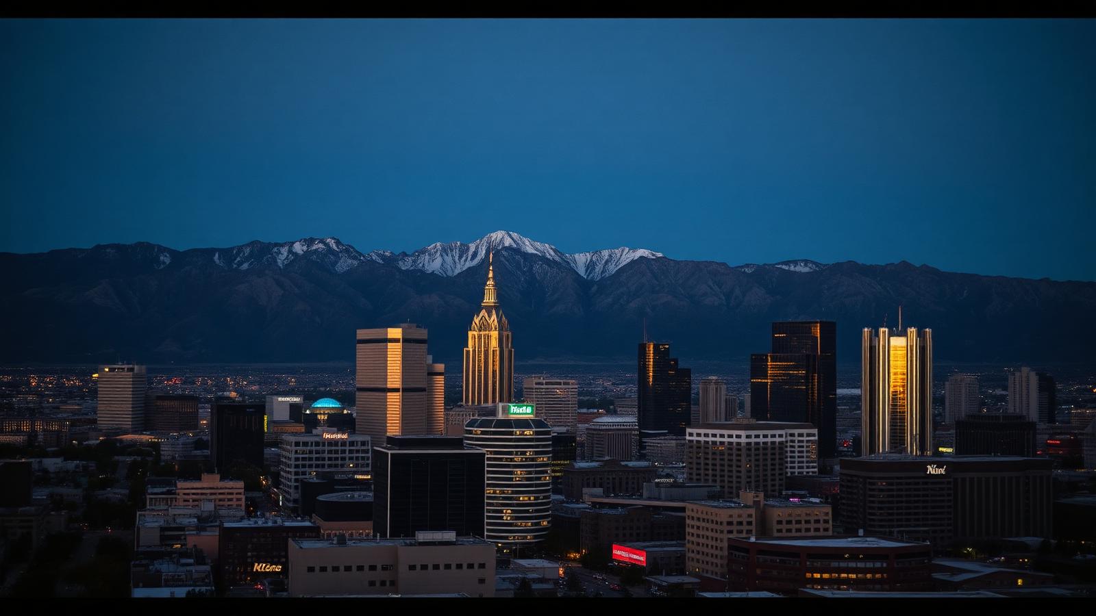 Downtown Reno, Nevada skyline at dusk with the Sierra Nevada range in the distance