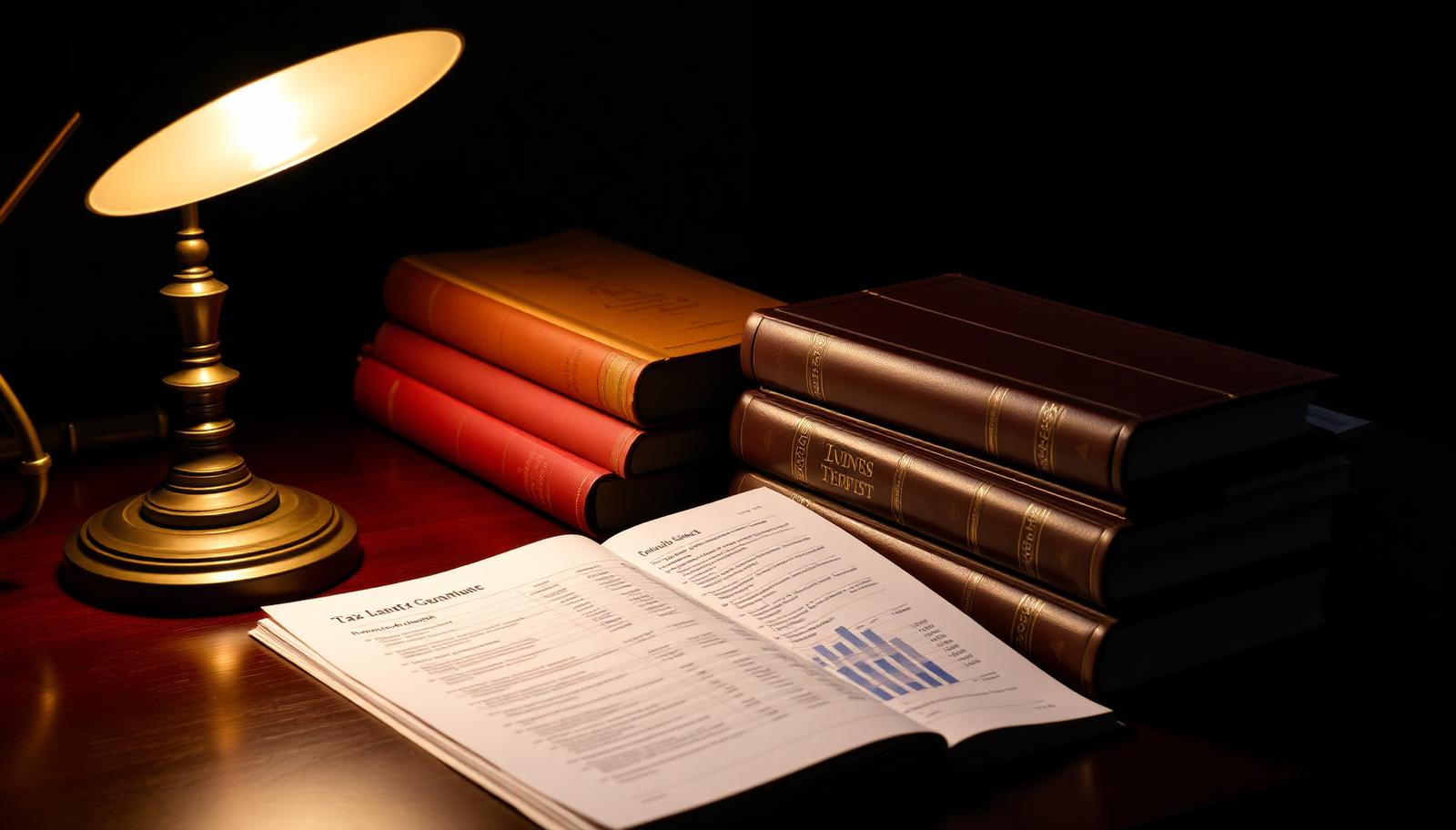 Bound accounting and tax reference volumes beside a printed financial report on a dark desk