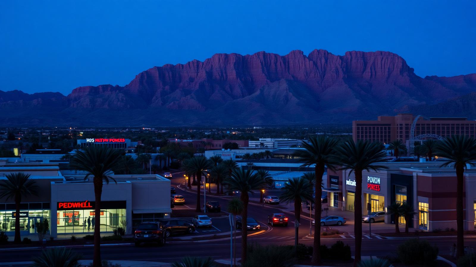 Spring Valley area commercial center at twilight with the western Las Vegas Valley escarpment behind